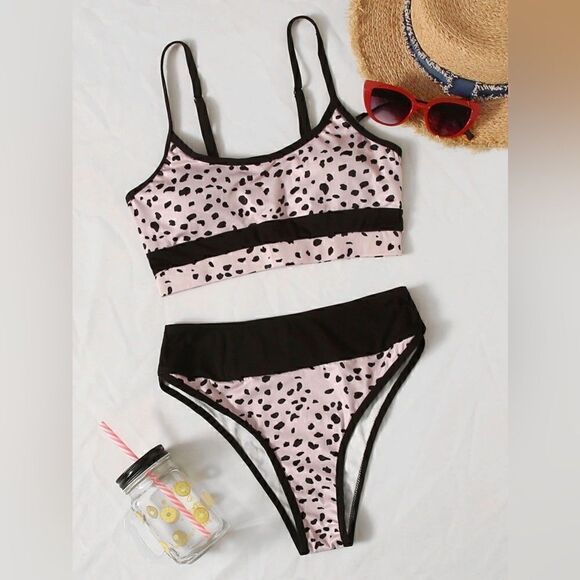 NWOT ROMWE Leopard Colorblock High Waist Bikini Swimsuit Women’s Large - Picture 1 of 8